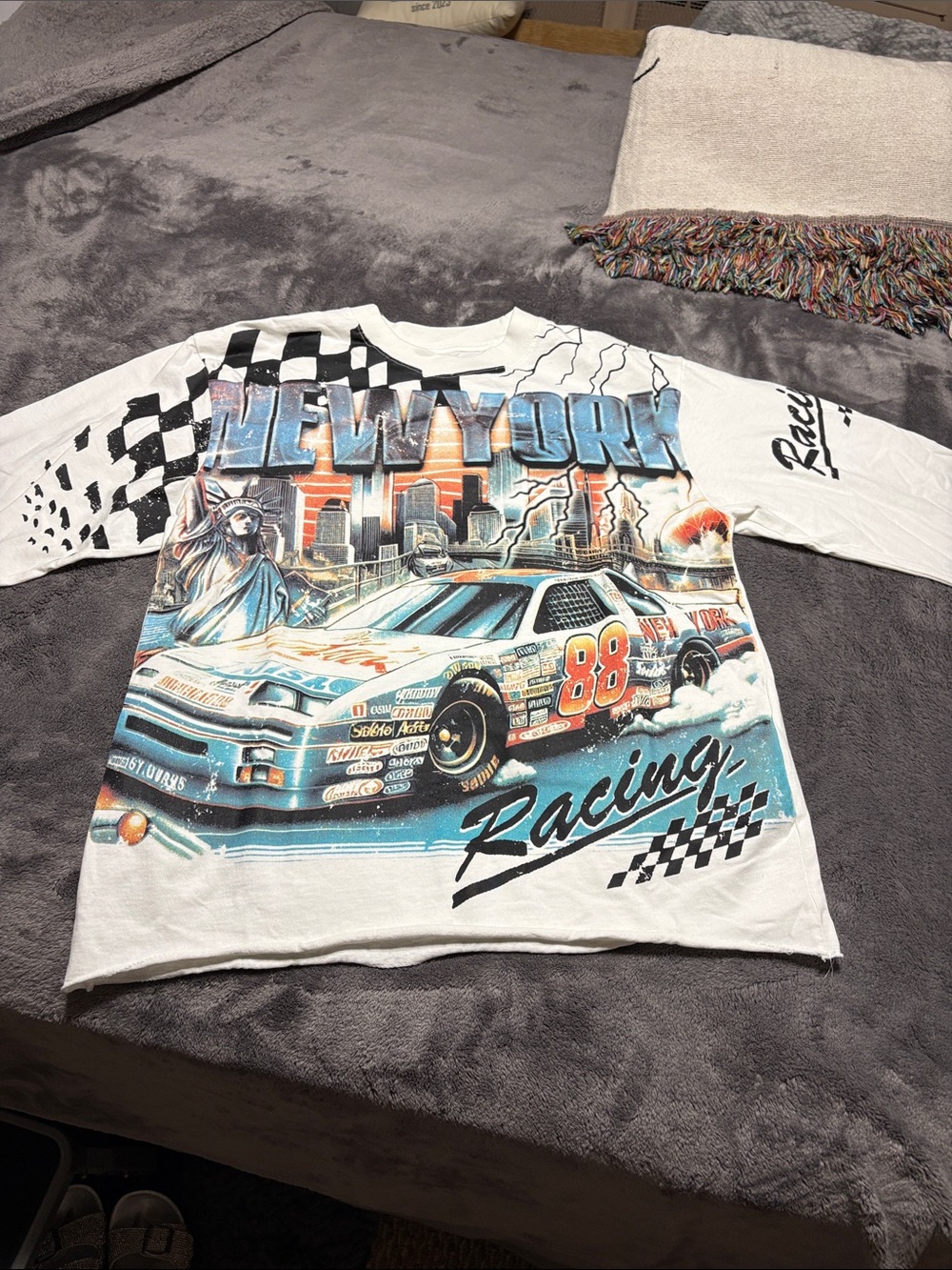 PacSun White New York Racing Graphic Long Sleeve Tee